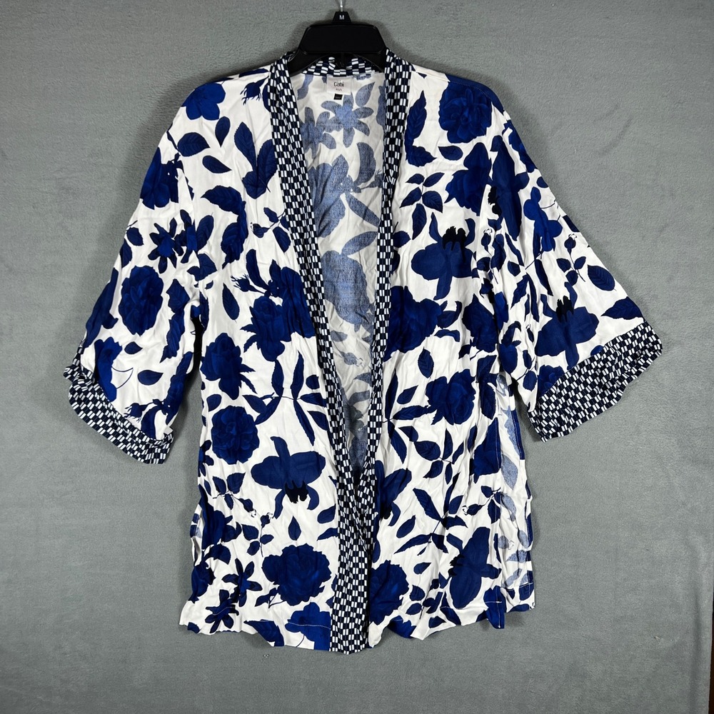 Cabi Womens Kimono Cardigan XS/S Blue White Floral Open Front 3/4 Sleeve Boho